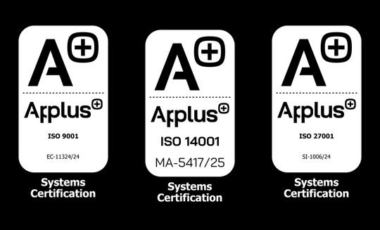 Certificaciones Applus de YMANT: ISO 9001 EC-11324/24, ISO 14001 MA-5417/25 e ISO 27001 SI-1006/24